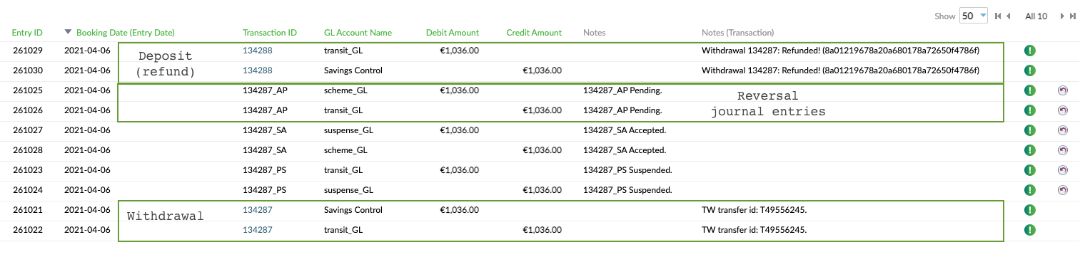 A screenshot of Journal Entries in the Mambu UI