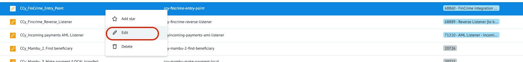 Selecting the edit option by right-clicking on a row in the Mambu UI