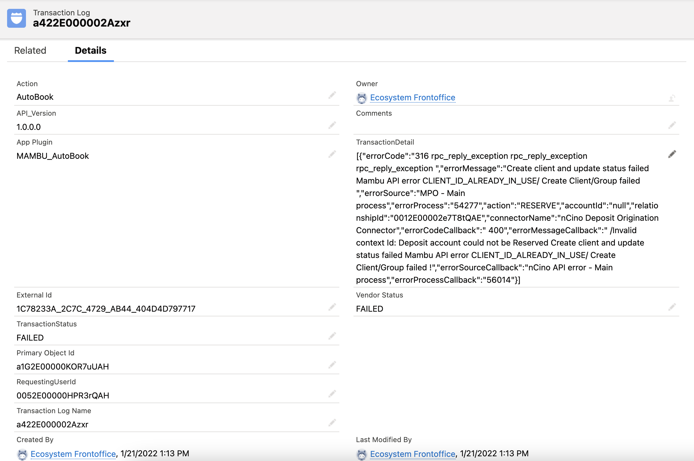Reserve flow Transaction log details