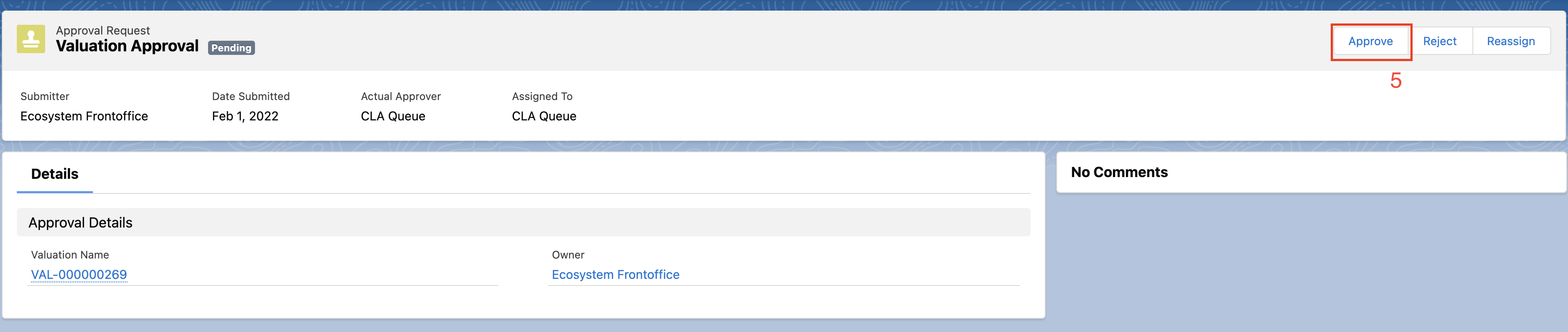 The Valuation Approval page in the nCino UI