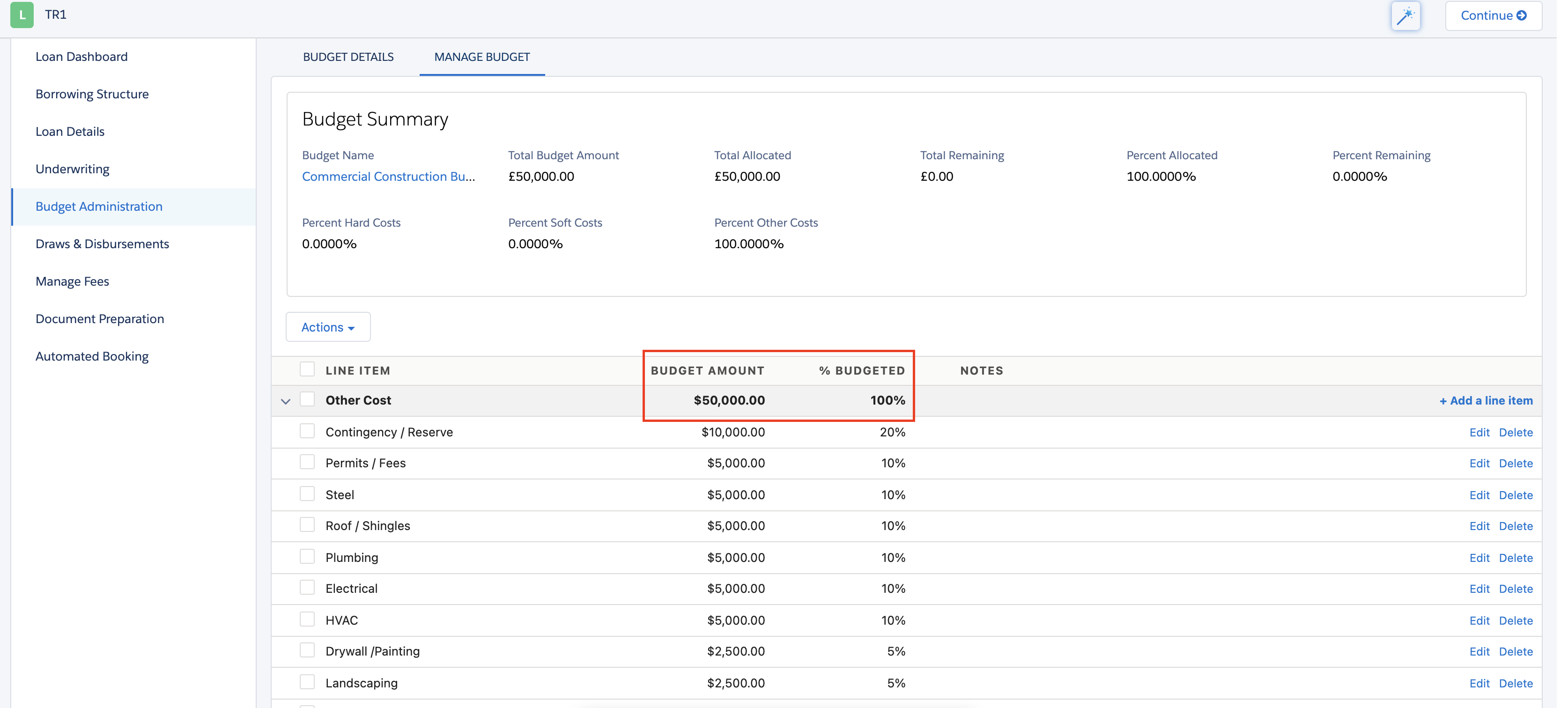 The Budget Administration tab in the nCino UI