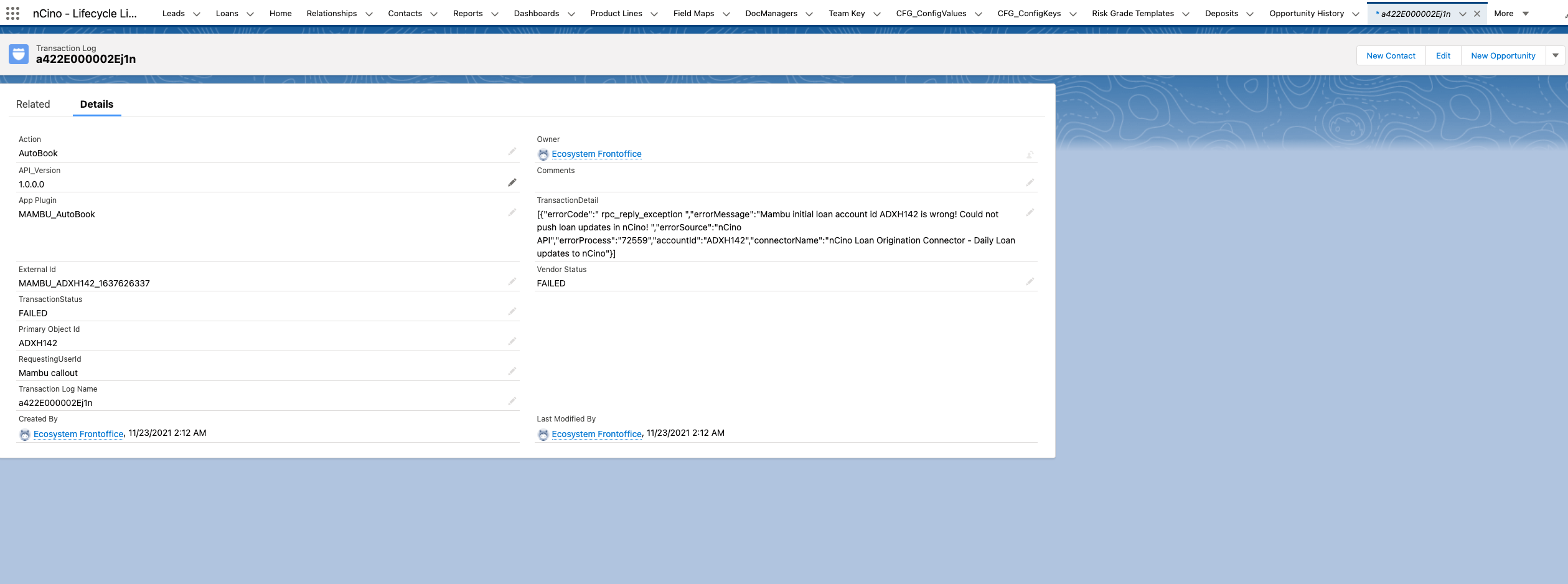Daily Loan updates to nCino flow Transaction log details