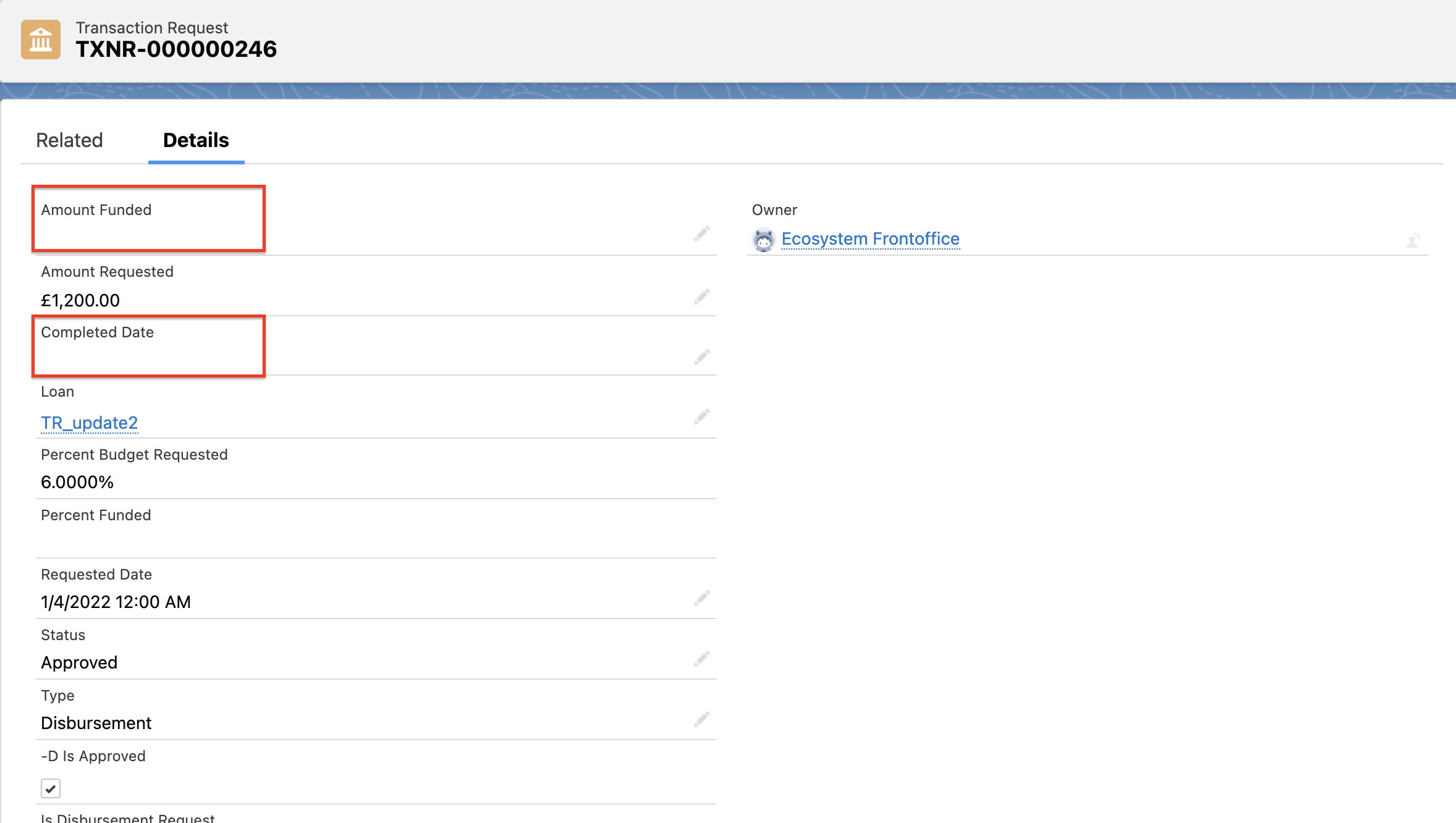 The details of the disbursement adjustment in the Transaction Request page in the nCino UI