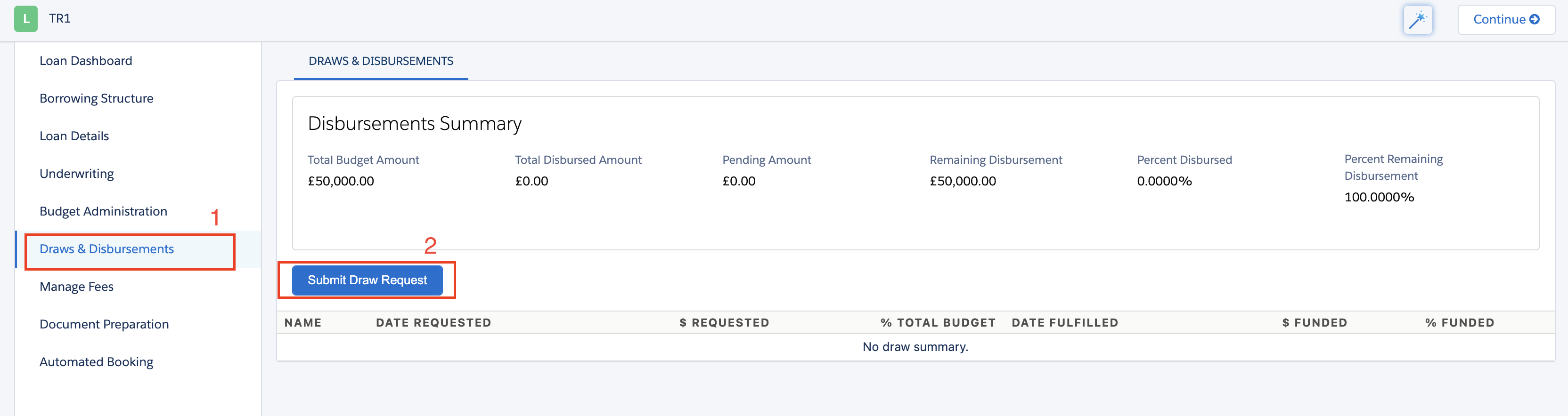 The Draw and Disbursements tab in the nCino UI