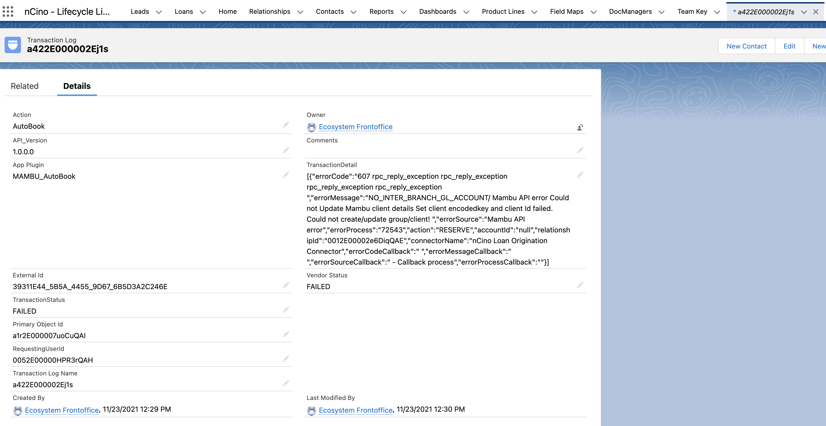 Reserve flow Transaction log details