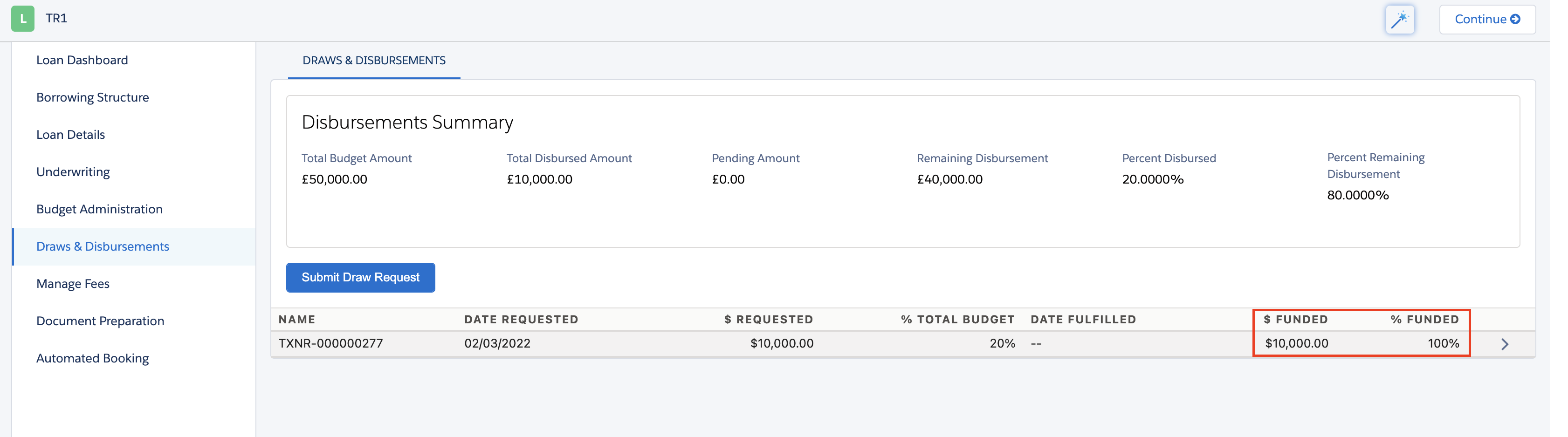 The Disbursements Summary page in the nCino UI, showing the Funded section highlighted