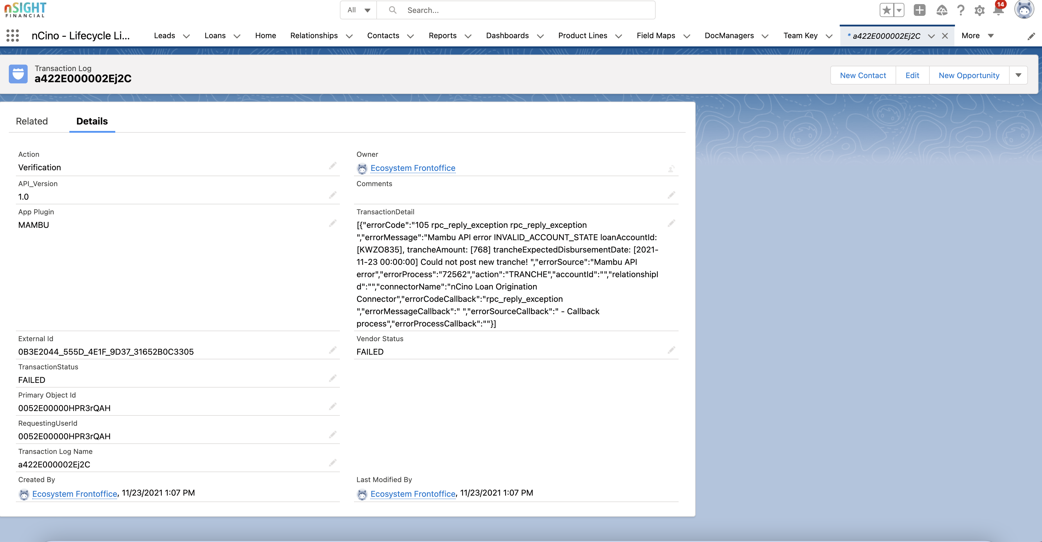 Update tranche from nCino to Mambu flow Transaction log details