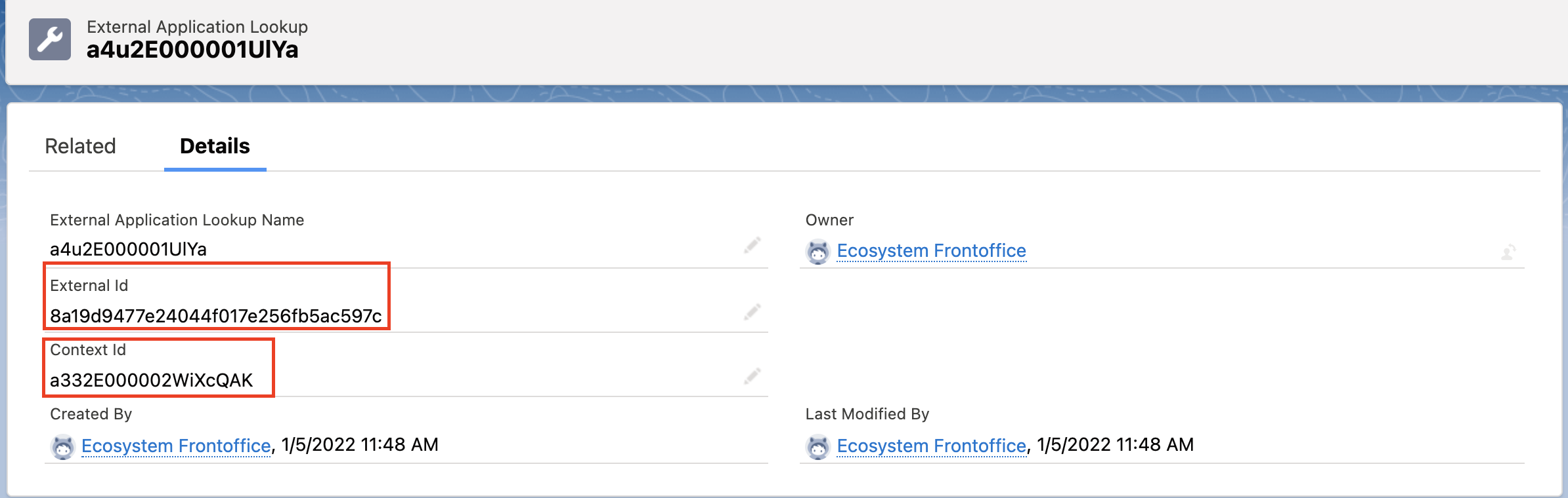 The External Id and the Context Id highlighted in the External Application Lookup in the nCino UI