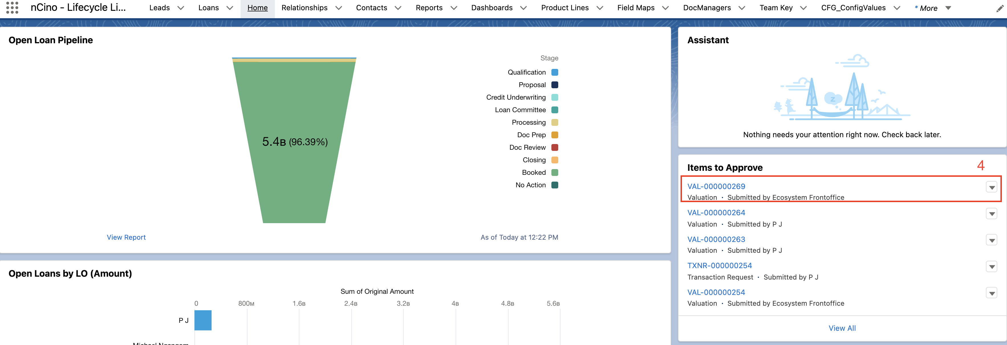 The valuation to be approved highlighted in the Open Loan Pipeline page in the nCino UI