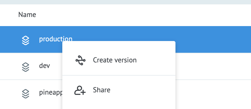 Context menu for creating a version