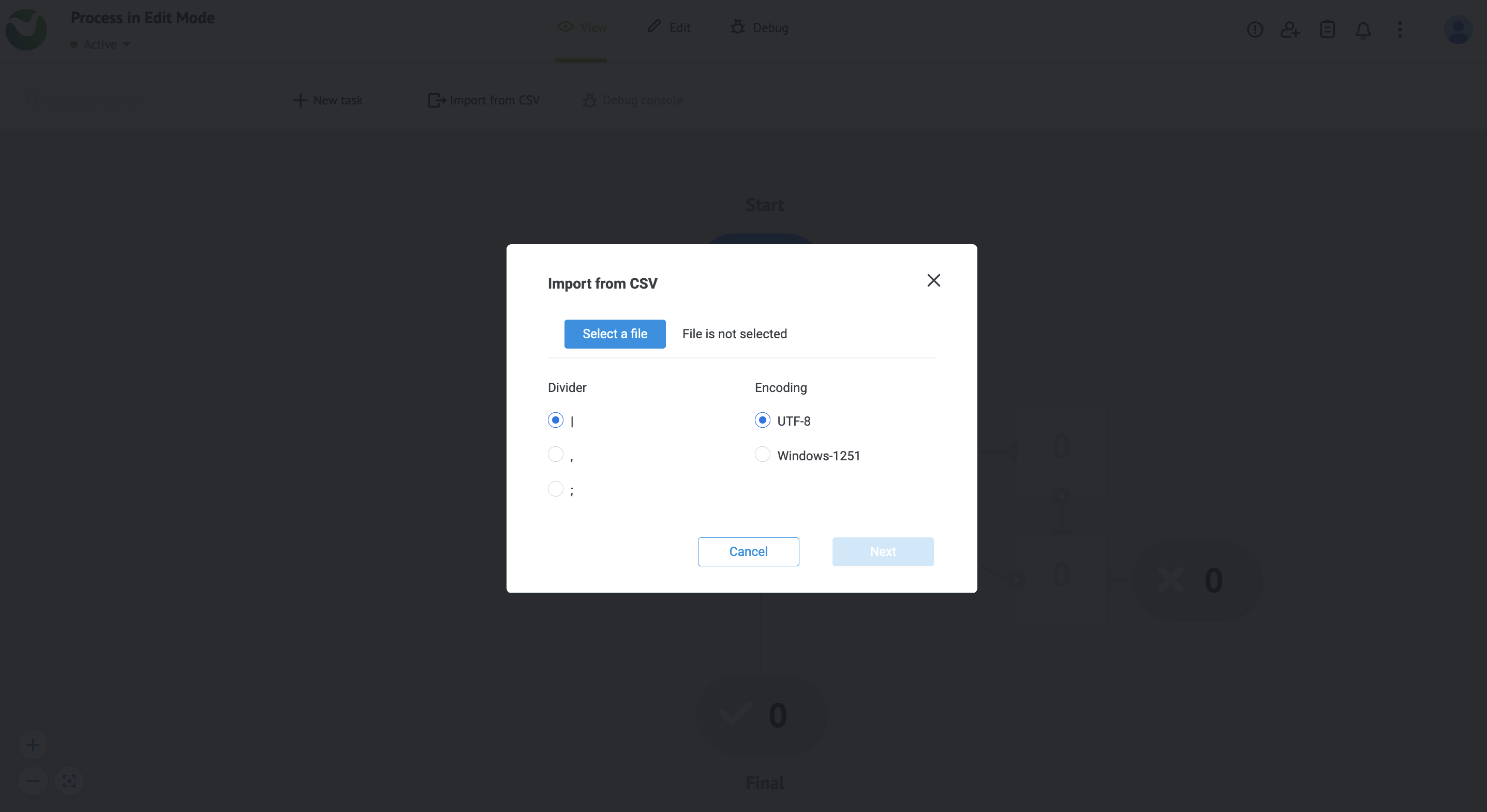 The settings popup to import CSVs