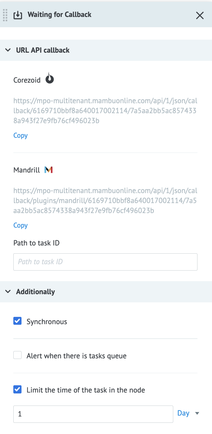 The settings for the Waiting for Callback node