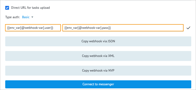 Setting Authentication Variables for the Direct Webhook URL in MPO